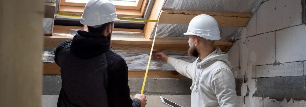 Un intérieur de maison en pleine "rénovation maison" avec des outils, des matériaux de construction et des bâches de protection, sous une lumière naturelle